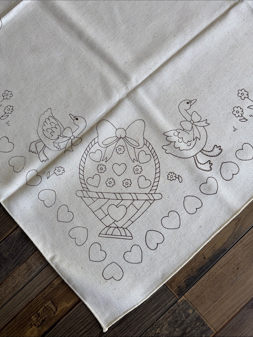 Embroiderable Country Geese or Ducks & Baskets Linen Panel in Natural Cream